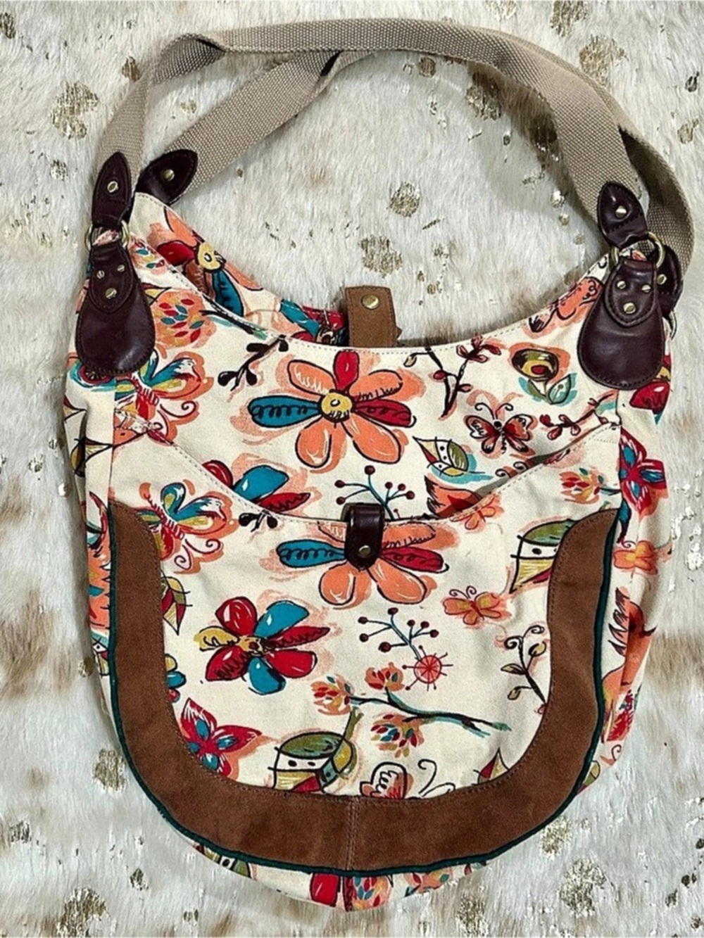 Lucky Brand Floral Shoulder Bag Cream & Brown
